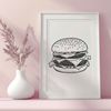 A detailed illustration of a classic hamburger with lettuce, tomato, cheese, and condiments.