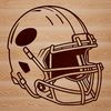 An illustration of a football helmet with the pigskin-shaped ball attached to it.