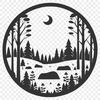 A lush, illustrated forest landscape with trees and foliage.