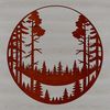 A vector graphic depiction of a dense woodland area with multiple tree silhouettes.