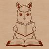 Whimsical South American Alpaca on Hill An adorable South American camelid, the alpaca, sitting on a hill with a book in its lap.