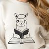Cartoon Alpaca Relaxing with Book A cartoon illustration of a happy alpaca reading a book in a serene landscape.