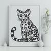 A portrait of a wild ocelot in a sitting position, with intricate markings and a sleek coat.
