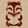 A cartoon-style illustration of a badger sitting on the ground with an open book in front of it.