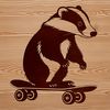 A detailed illustration of a badger standing on its hind legs with a skateboard nearby.