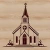 A simple illustration of a Baptist church exterior with a steeple and entrance.