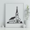 An SVG vector design representation of a traditional Baptist church exterior with details.