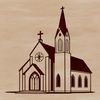 A simple 2D illustration of a traditional Baptist church exterior with a steeple and entrance.