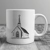 Simple Baptist Church Illustration Vector Graphics A 2D illustration of a traditional Baptist church building with a steepled roof and large entrance.