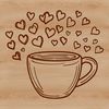 A simple vector design of a coffee cup with love hearts and a bold handle.