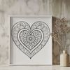 Handmade-Style Mandalas with Love Hearts A colorful, intricate heart mandala design made up of symmetrical patterns and shapes.