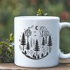 A detailed illustration of trees in various stages of growth, set against a lush background.