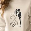 Beautiful Wedding SVG Design A stylized illustration of a bride and groom exchanging vows in front of a floral backdrop.