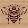 A simple line illustration of a honeybee flying in mid-air.