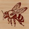 A stylized illustration of a flying bee in a garden setting.