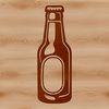 A stylized illustration of a beer bottle with liquid and foam.