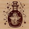 A detailed illustration of a witch's potion bottle with intricate designs, set against a dark background.