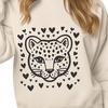 Wild Cat Love Affair Illustration A close-up illustration of a wild ocelot's head with love hearts surrounding its face.