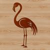 A single flamingo standing in a grassy field, surrounded by minimal background elements.