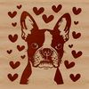 Boston Terrier Heart Love Vector A stylized illustration of a cute Boston Terrier with heart symbols surrounding its head.
