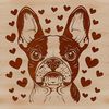 Boston Terrier Head Illustration with Hearts A detailed illustration of a Boston Terrier's head with heart shapes incorporated into its fur.