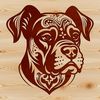Ornate Canine Close-up with Detailed Designs Close-up illustration of a Boxer dog's head with ornate details.