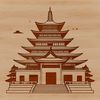 An ornate design of a Buddhist temple architecture featuring curved roofs and decorative elements.