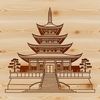 A detailed illustration of a traditional Buddhist temple with intricate architecture and ornaments.