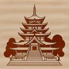 A detailed 2D representation of a traditional Buddhist temple with ornate architecture.