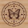 A colorful butterfly with love hearts surrounding its wings, suitable for gardening-themed designs.
