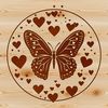Vibrant Butterfly with Heart-Shaped Garden An SVG design featuring a detailed insect butterfly surrounded by heart shapes in various colors.