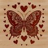 A colorful illustration of a butterfly with love hearts surrounding its body, designed for vector graphics.