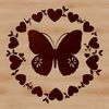 A colorful vector illustration of a butterfly with love hearts surrounding it.