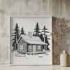 Cozy Wooden Cabin SVG A small wooden cabin with a sloping roof, surrounded by trees, ideal for crafting or design projects.