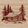 A simple, 2D cabin design with a gabled roof and wooden details, suitable for vector art or clip art use.