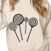 Vector graphic representation of a classic candy treat with swirly patterns and colors.