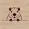 Illustrated capybara peeking out from behind foliage, a vector graphic design.