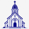 A detailed illustration of a traditional Catholic church with arches and stained glass windows.