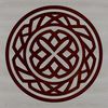 A stylized Celtic ornament with intricate embellishments and patterns.