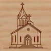 A detailed illustration of a traditional church exterior with stained glass windows and a steeple.