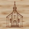 An illustration of a church building with a distinctive architectural design.