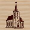 A detailed illustration of a traditional church building with a steepled roof and stained glass windows.