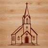 A detailed outline of a church building with architectural features and a central steeple.