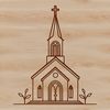 A vector illustration of a traditional church with a steepled roof and ornate details.