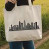 A detailed vector illustration of a bustling city skyline at sunset.