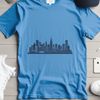A digital representation of a city skyline, composed of scalable vector graphics.
