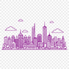A digital illustration of a bustling urban cityscape with skyscrapers and buildings at sunset.