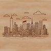 A 2D illustration of a bustling metropolitan cityscape with tall skyscrapers and buildings.