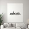 A stylized illustration of a city skyline with tall skyscrapers and buildings.