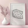 A cut-out illustration of a wedge-shaped cheese with intricate details and textures.